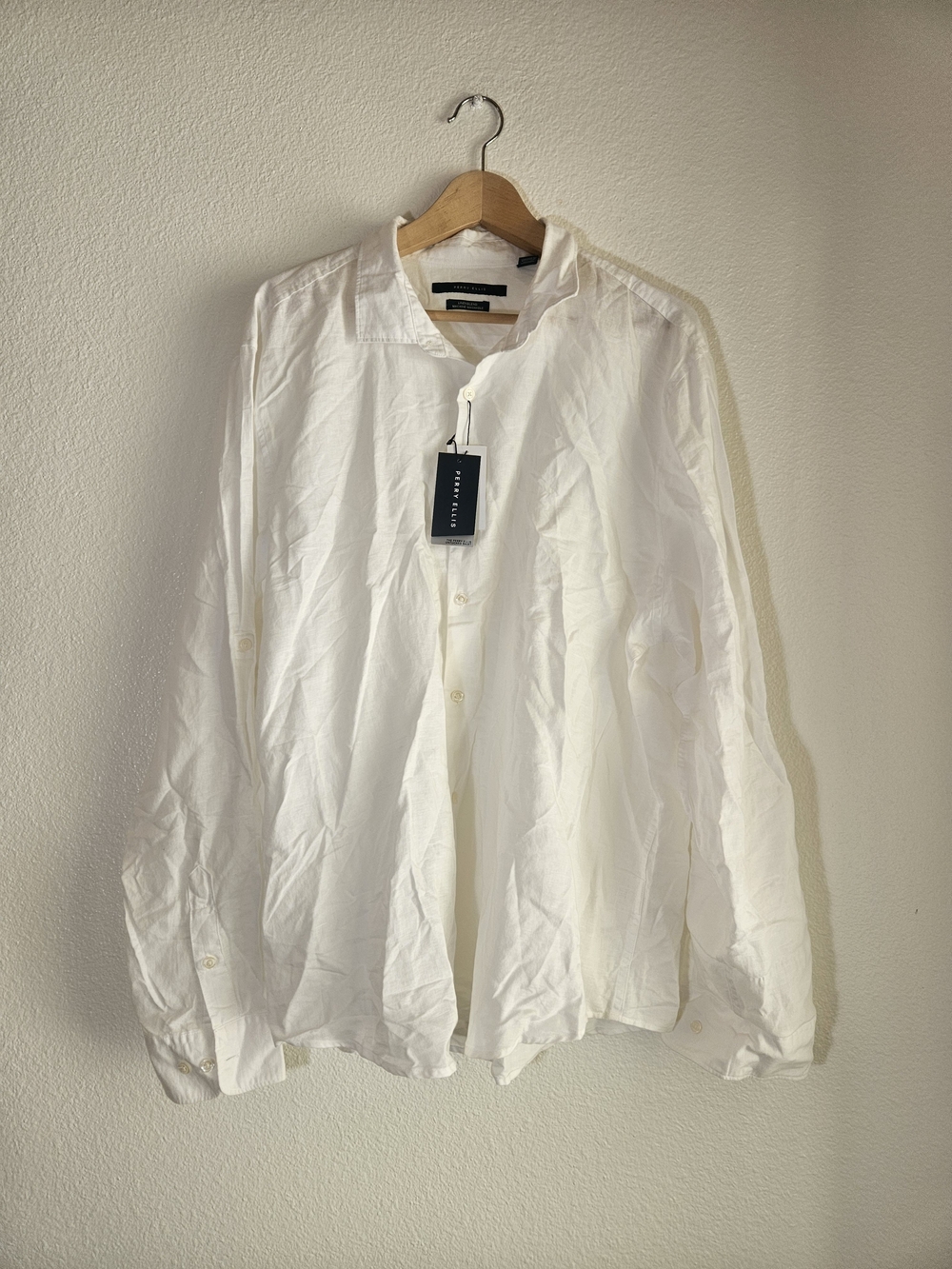 Men's White Linen Blend Button-Up Shirt Roll Tab $85